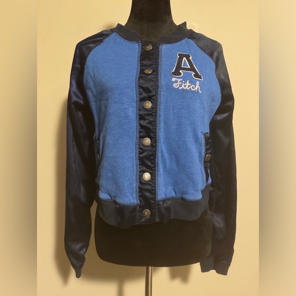 EUC Abercrombie and Fitch Blue and White Varsity Club Bomber Jacket size large